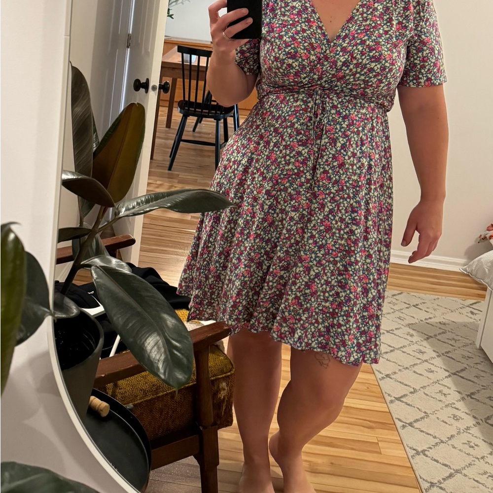 Floral V-Neck Mini Dress in Pink and Green